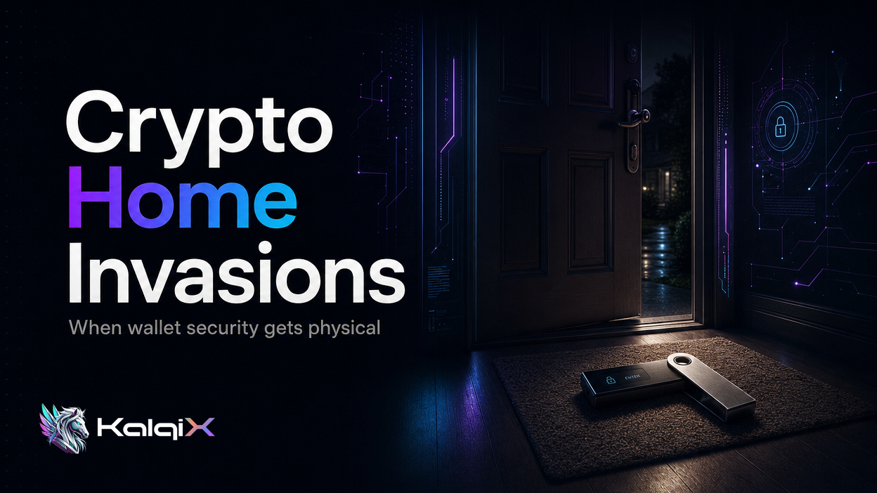 A hardware wallet resting on a doormat inside a front door left slightly ajar, lit by a single hallway light, in muted dark…