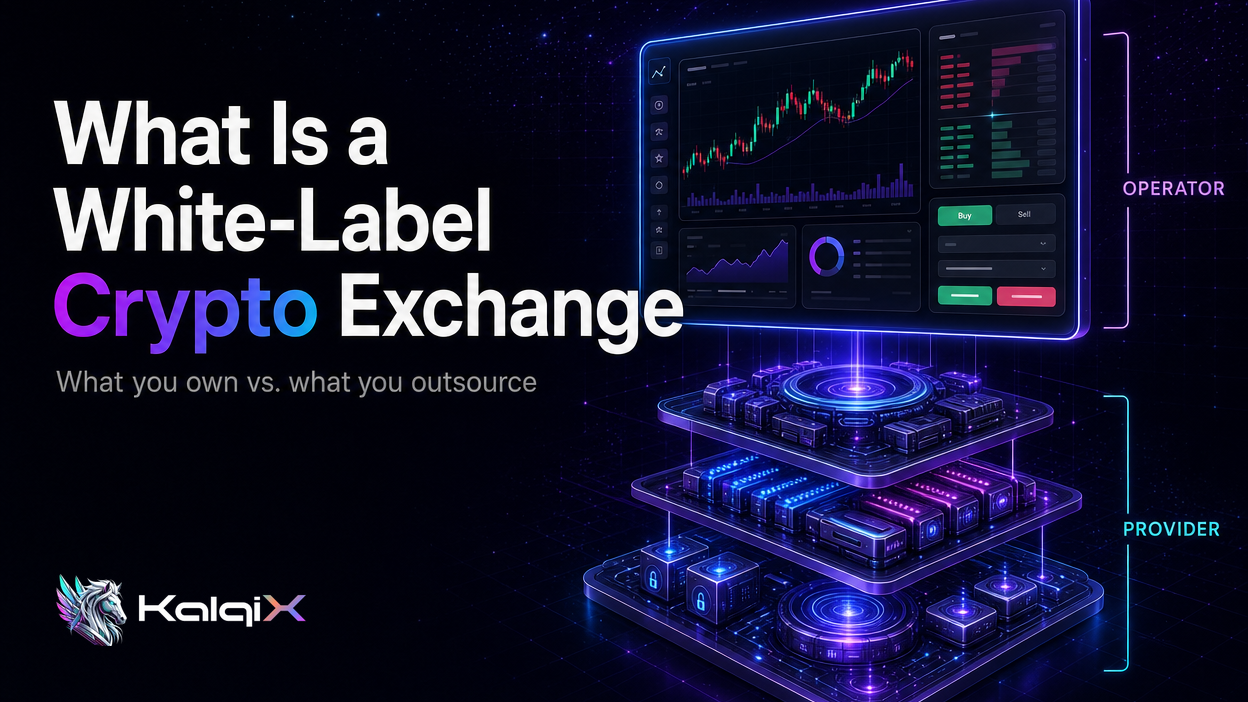 Show a branded exchange interface above a cutaway of its underlying matching engine, order book and settlement layer, with…