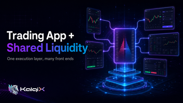 Show the KalqiX trading app and several distinct partner-branded interfaces connected to one shared order book, with Base…